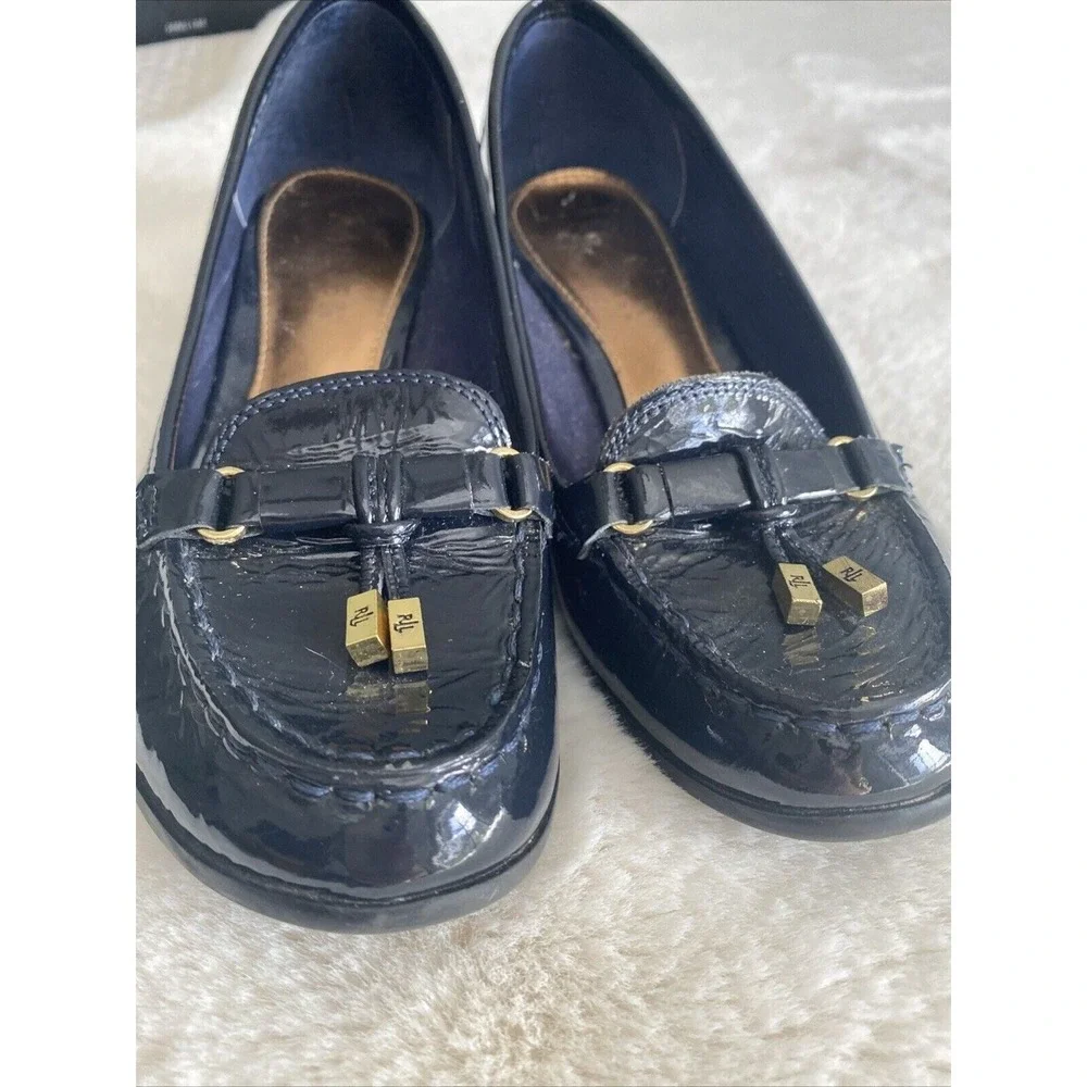 Lauren‎ Ralph Lauren Navy Patent Leather Wedge Loafer Pumps Gold Hardware 6B